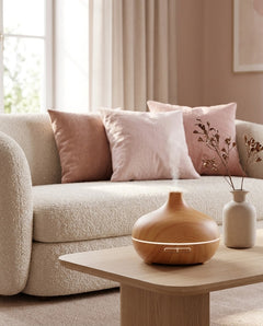 Diffuseur ZAYVEO bois clair dans un salon cocooning, canapé beige