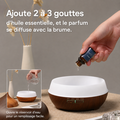 Ajout de gouttes d'huile essentielle dans le réservoir ouvert du diffuseur ZAYVEO